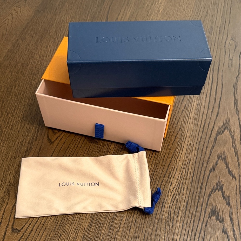 Louis Vuitton Navy Eyeglass Case,  Beige Dust Bag with Orange Box
